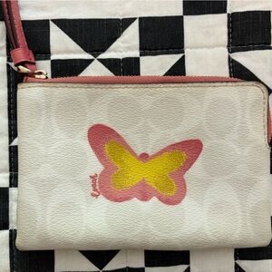 Coach White Leather Wallet with Pink and Yellow Butterfly